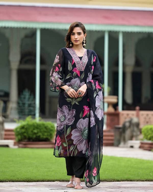 Embroidered Georgette Kurti Bottom With Dupatta-Black